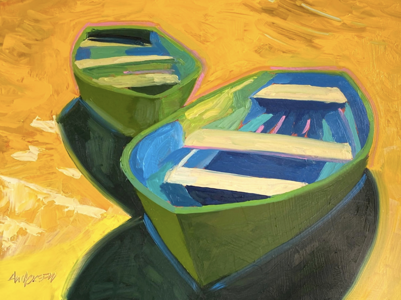 A vibrant impressionistic painting by Michael Anderson titled Boats, measuring 12 x 16 x 0.125 inches. The artwork features two green rowboats resting on a golden-hued surface. The interiors of the boats are painted in rich blues with hints of pink and white, creating a striking contrast against the warm background. The boats cast deep, dark shadows, adding depth and dimension to the composition. The artist's signature is visible in the lower left corner.